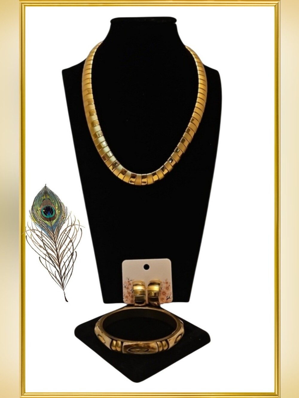Gold Tone Fixed Flex Matte & Satin Finish Choker Style  Necklace & Earring Set